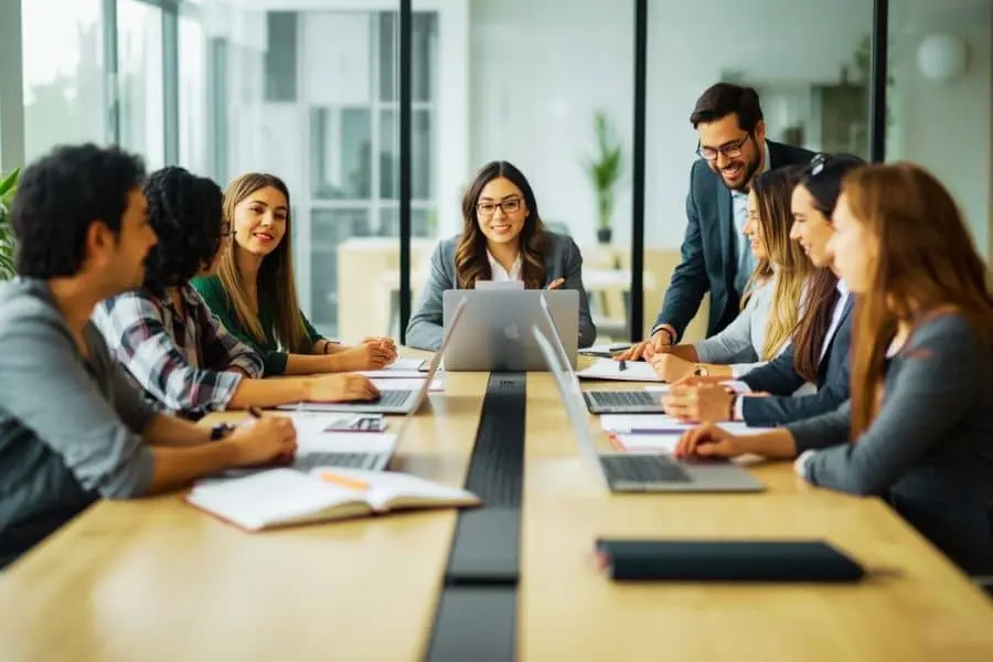 Employees collaborating in a meeting demonstrating teamwork communication and problem solving skills