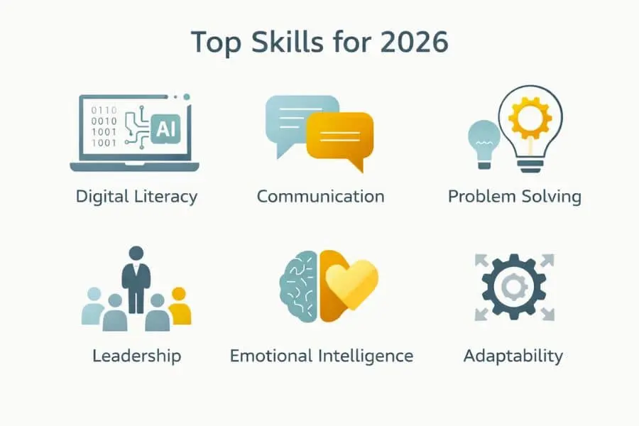 Top skills employers look for in 2026 infographic showing digital skills communication leadership and adaptability
