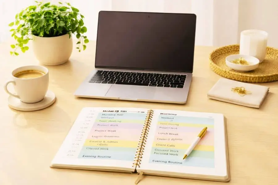 productive workspace with daily schedule notebook and laptop